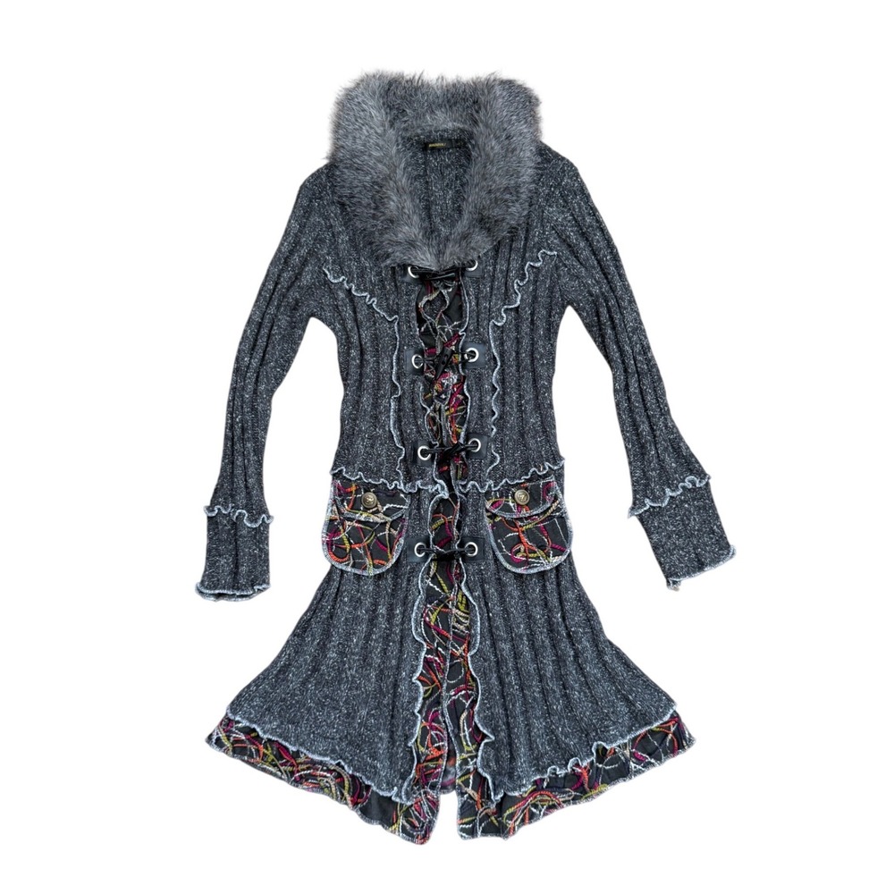 Radzoli Gray Knit Longline Cardigan Faux Fur Collar Toggle Boho Artsy L 3D knit
